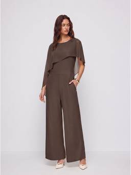 Cider - Women's Asymmetrical Cape Sleeve Wide-Leg Jumpsuit Coffee