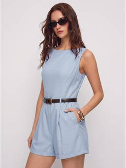 Cider - Linen Blend Women Boat Neck Belted Romper Light Blue
