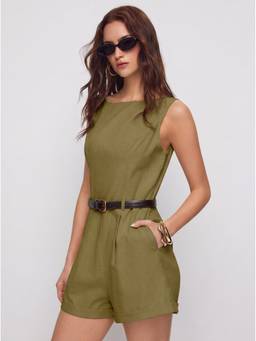 Cider - Linen-Blend Women’s Boat Neck Belted Playsuit Olive