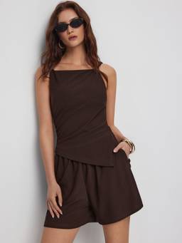 Cider - Women's Square Neck Sleeveless Zipper Back Playsuit Brown