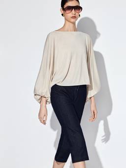 Cider - Boat Neck Women Lantern Sleeve Oversized Top Beige