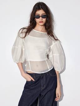 Cider - Mesh Women's See-Through Puff Sleeve Oversized Blouse White