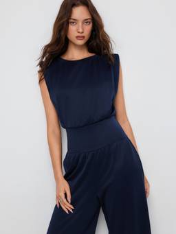 Cider - High Stretch Women's Ruched Wide-Leg Jumpsuit Navy Blue