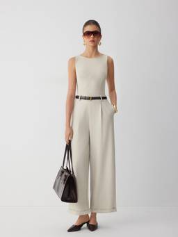 Cider - Textured Women's Boat Neck Straight Leg Jumpsuit With Belt Beige
