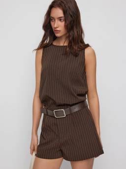 Cider - Striped Women's Round Neck Short Co-ord Set Coffee