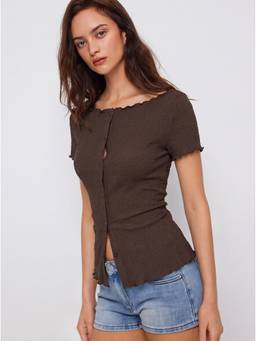 Cider - Textured Women’s Boat Neck Button Up Top Brown