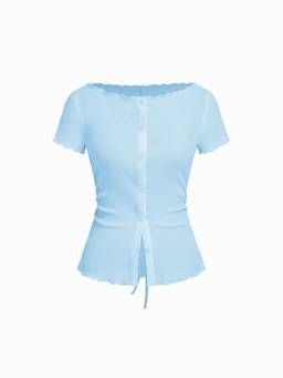 Cider - Textured Women’s Boat Neck Button Up Top Blue