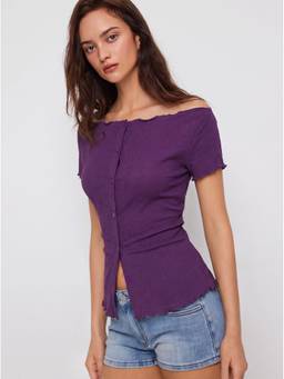 Cider - Textured Women’s Boat Neck Button-Up Short Sleeve Top Purple