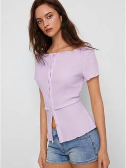 Cider - Textured Women’s Boat Neck Button-Up Top Purple