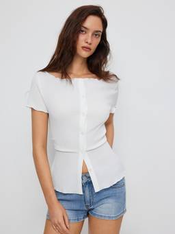 Cider - Textured Women Boat Neck Button-Up Lettuce Trim Top White
