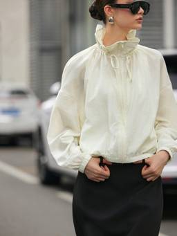 Cider - Funnel Neck Women Drawstring Zip Windcheater Jacket Beige