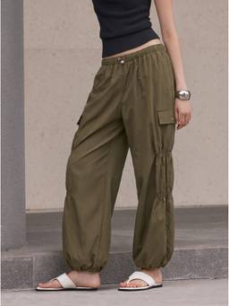 Cider - Ruched Drawstring Women's Mid-Waist Cargo Joggers Olive