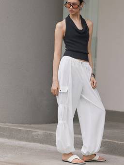 Cider - Ruched Women's Mid-Waist Drawstring Cargo Joggers White