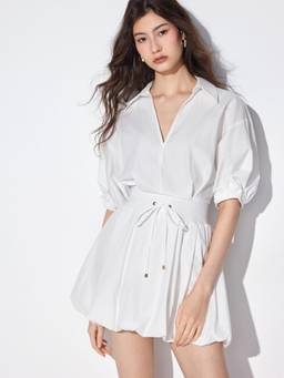 Cider - Cotton Blend Women Puff Sleeve Drawstring Shirt Mini Dress White