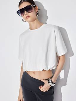 Cider - Bubble Hem Women’s Oversized Cotton Crop Top White