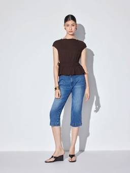 Cider - Textured Women's Boat Neck Tie-Up Peplum Top Coffee