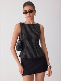 Cider - Striped Women’s Boat Neck Sleeveless Tank Top Black