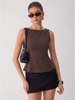 Cider - Striped Women Sleeveless Boat Neck Tank Top Brown