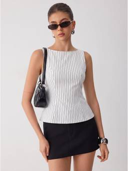 Cider - Striped Women’s Boat Neck Sleeveless Tank Top White