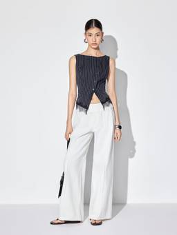 Cider - Striped Women's Lace Trim Boat Neck Vest Top Navy Blue