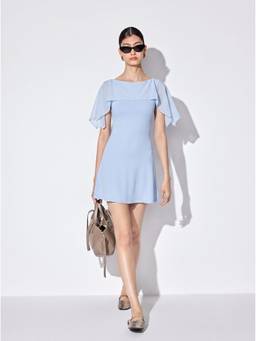 Cider - Draped Detail Women's Boat Neck A-Line Mini Dress Blue