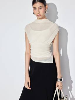 Cider - Ruched Asymmetrical Women's Sheer High Neck Top White