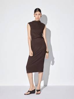 Cider - Textured Women's High Neck Twist Knot Straight Midi Dress Coffee