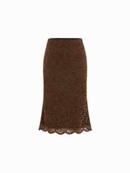 Cider - Flocking Lace Women Low-Rise Floral Mermaid Midi Skirt Coffee