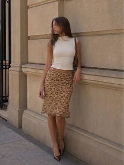 Cider - Flocking Lace Women Floral Low Rise Mermaid Midi Skirt Khaki