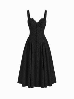 Cider - Textured Lace Women's Sweetheart Neck Flared Midi Dress Black