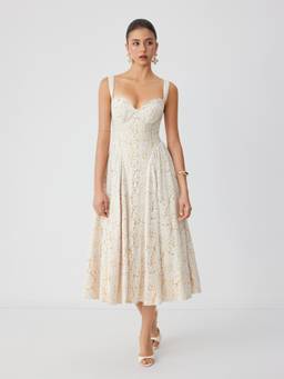 Cider - Textured Lace Women's Sweetheart Flared Midi Dress White