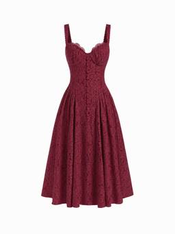 Cider - Textured Lace Women's Sweetheart Neck Flared Midi Dress Wine