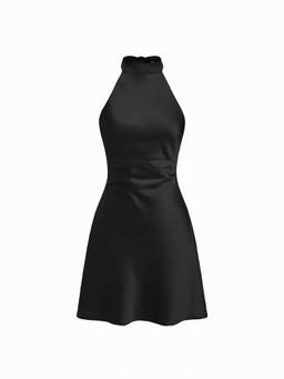 Cider - Women's Satin Halter Backless Bow A-Line Mini Dress Black