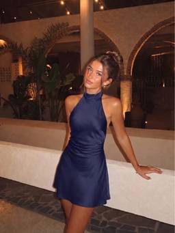 Cider - Satin Women's Halter Neck Backless Bow A-Line Mini Dress Blue