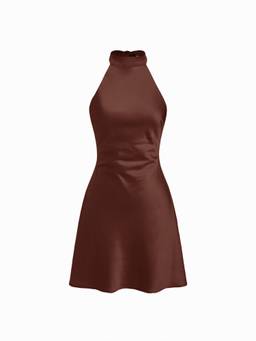 Cider - Satin Women's Halter Neck Backless Bow A-Line Mini Dress Brown