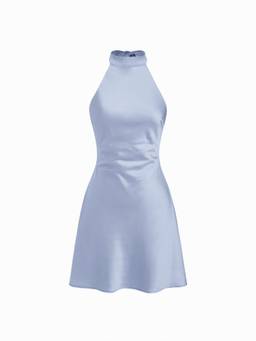 Cider - Satin Women's Halter Backless Bow A-Line Mini Dress Sky Blue