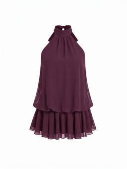 Cider - Chiffon Polka Dot Women's Halter Neck Ruffle Mini Dress Berry