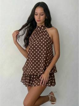 Cider - Chiffon Polka Dot Women's Halter Neck Ruffle Mini Dress Brown