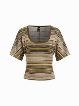 Cider - Cotton Blend Women U-Neck Bell Sleeve Tee Brown