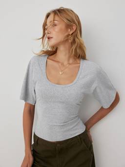 Cider - Cotton-Blend Women U-Neck Short Bell Sleeve Tee Grey