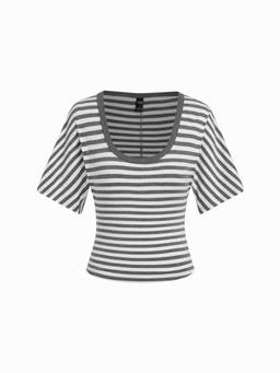 Cider - Cotton Blend Women Striped Scoop Neck Bell Sleeve Top Grey