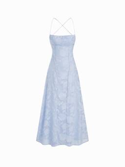 Cider - Textured Women's Floral Backless A-Line Maxi Dress Baby Blue