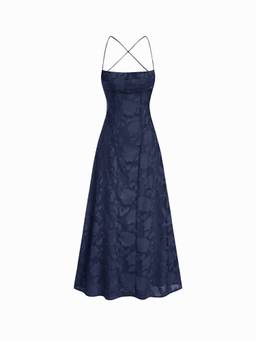 Cider - Textured Women's Backless Floral A-Line Maxi Dress Navy Blue