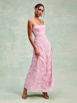 Cider - Textured Floral Women Backless A-Line Maxi Dress Pink