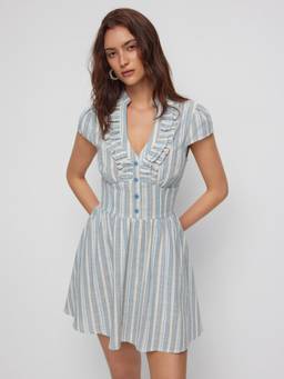 Cider - Striped Women's Ruffled V-Neck A-Line Mini Dress Blue