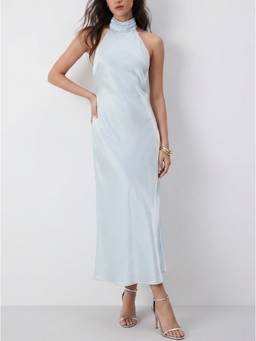 Cider - Satin Women's Halter Backless Mermaid Maxi Dress Light Blue