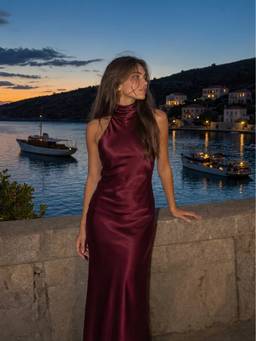 Cider - Satin Women's Halter Neck Backless Mermaid Maxi Dress Wine