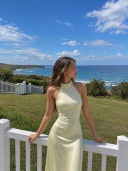 Cider - Satin Women's Halter Neck Backless Mermaid Maxi Dress Yellow