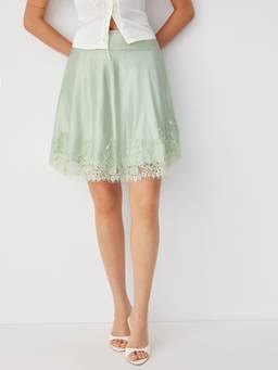Cider - Satin Lace Panel Women’s Mid-Rise A-Line Midi Skirt Green