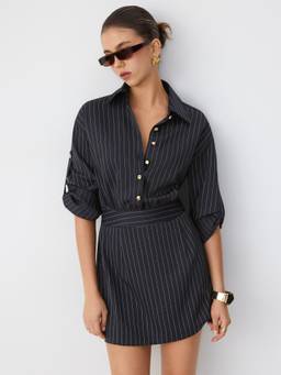 Cider - Striped Women Pleated Metal Detail Shirt Mini Dress Navy Blue